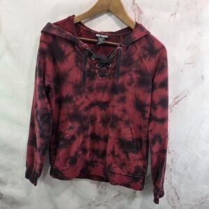 Hot Topic Hoodie Womens XS Y2K Black Sweatshirt Tie Dye Criss Cross Distressed